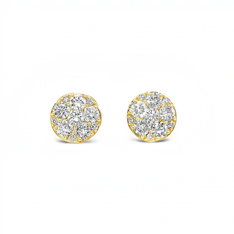 Yellow 14 Karat Cluster Stud Earrings with 22=3.00tw Round Brilliant G SI Diamonds