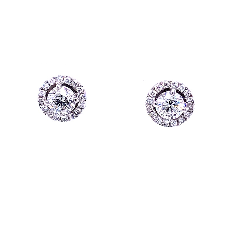 14 Karat White Gold Halo Stud Earrings With 2=0.80TW Round Brilliant G I Diamonds And 34=0.22TW Round Brilliant G I Diamonds