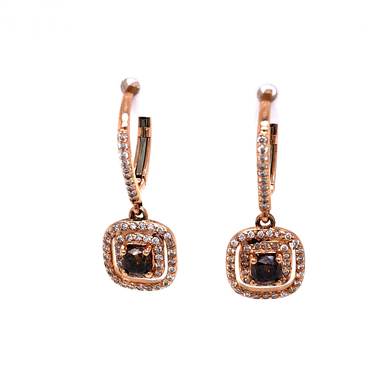 14 Karat Rose Gold Earrings With 2=0.75TW Round Brilliant VS Chocolate Diamonds And 102=0.50TW Round Brilliant G SI Diamonds