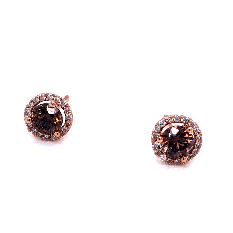 14 Karat Rose Gold Halo Stud Earrings With 2=1.00TW Round Brilliant VS Chocolate Diamonds And 36=0.19TW Round Brilliant G SI White Diamonds