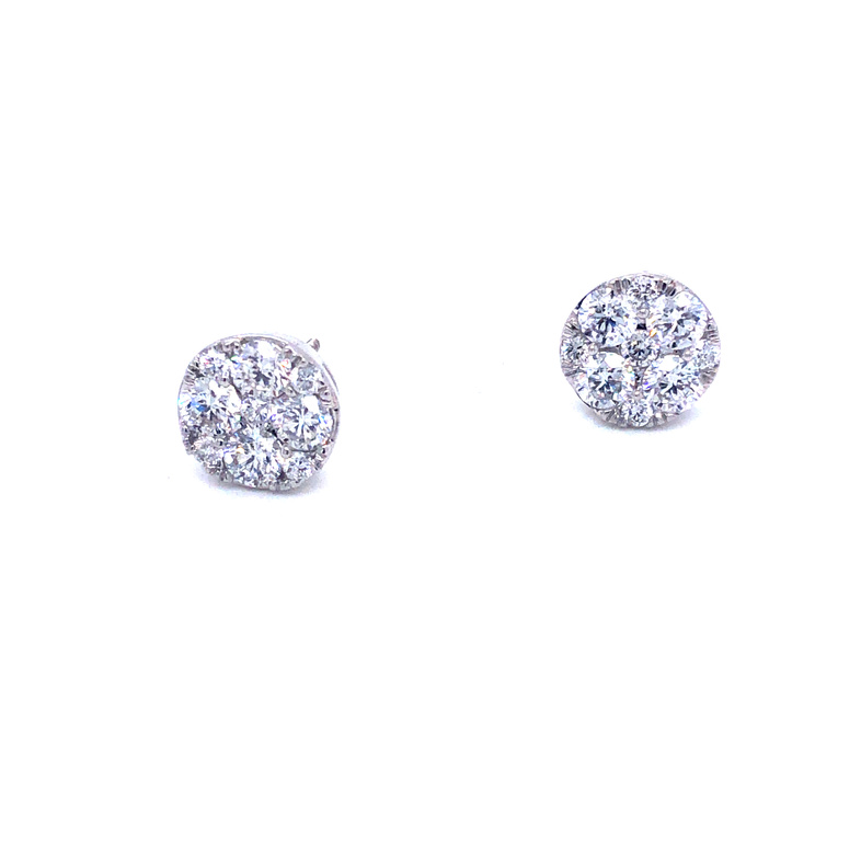 14 Karat White Gold Diamond Cluster Earrings With 18=1.90TW Round Brilliant G SI Diamonds