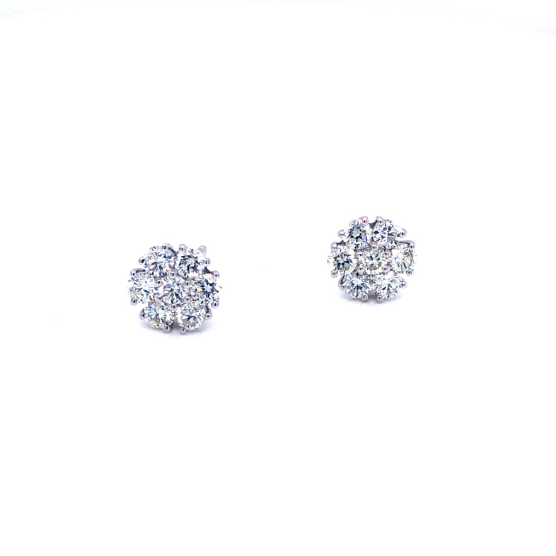 14 Karat White Gold Diamond Cluster Earrings With 14=1.05TW Round Brilliant G SI Diamonds