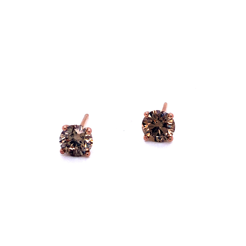 14 Karat Rose Gold Stud Earrings With 2=1.18TW Round Brilliant SI Champagne Diamonds