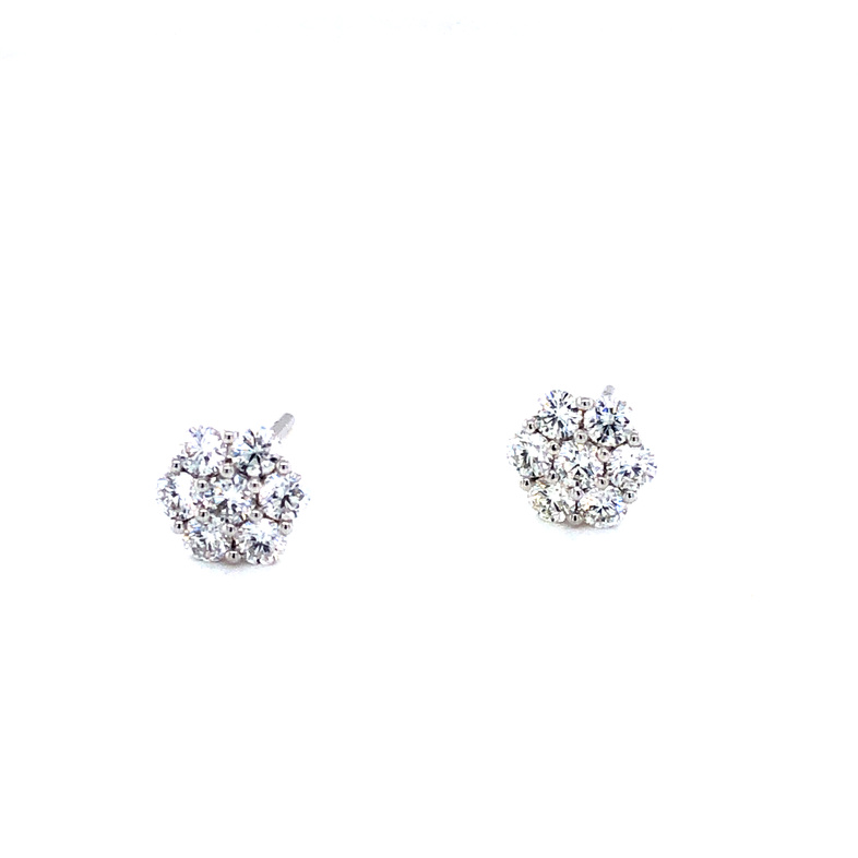 14 Karat White Gold Cluster Earrings With 14=1.03TW Round Brilliant G VS Diamonds