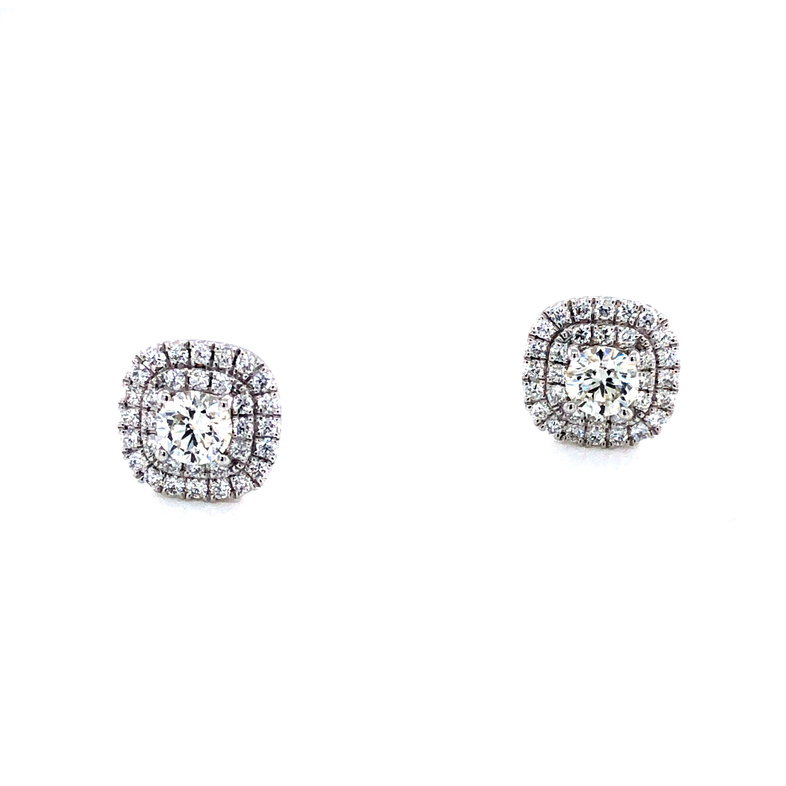 White 14K Double Halo Stud Earrings With 2=0.52Tw Round Brilliant G Vs Diamonds And 64=0.44Tw Round Brilliant G Vs Diamonds
