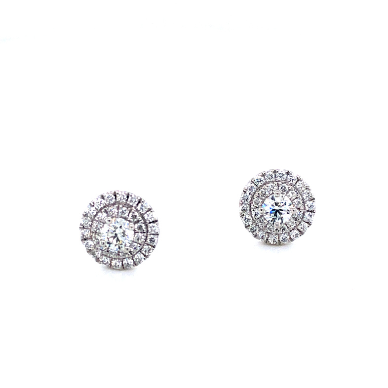 14 Karat White Gold Double Halo Earrings With 62=0.75TW Round Brilliant G VS Diamonds