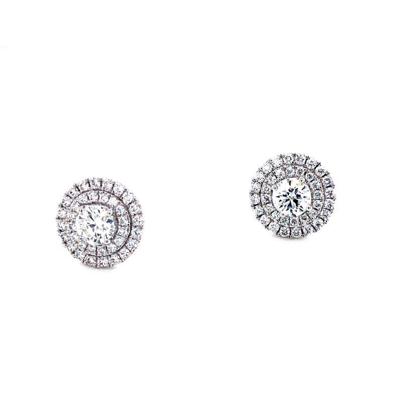 White 14 Karat Double Halo Diamond Stud Earrings With 2=0.55Tw Round Brilliant G Vs Diamonds And 74=0.82Tw Round Brilliant G Vs Diamonds