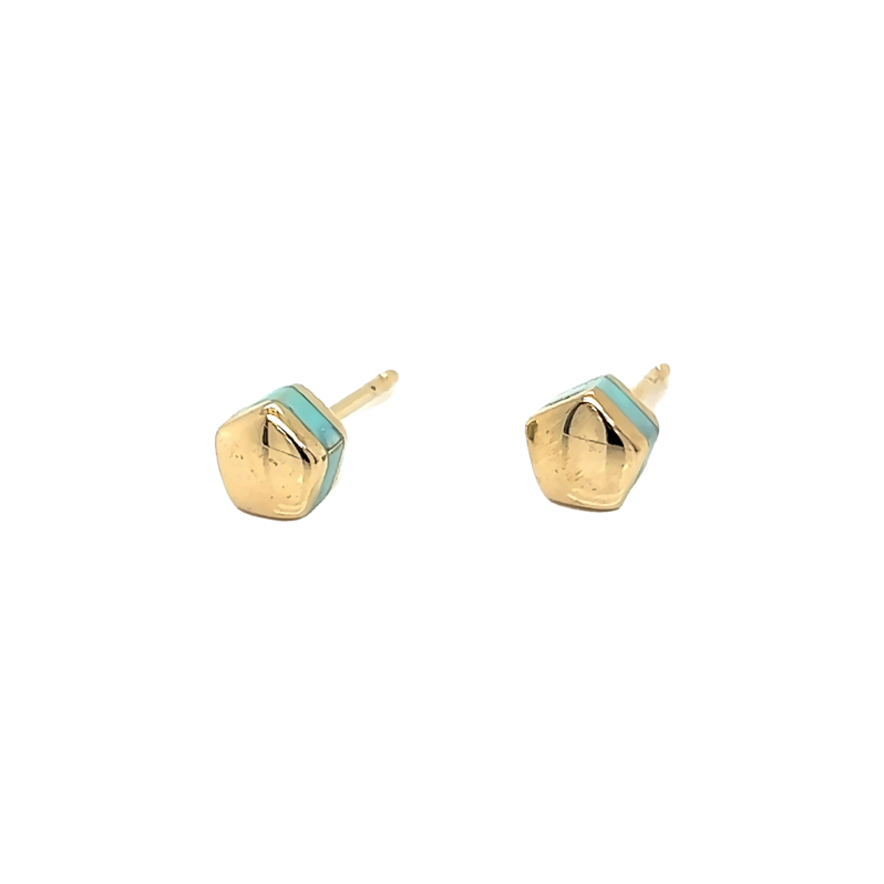 Yellow 14 Karat Pentagon Stud Earrings with Turquoise Enamel