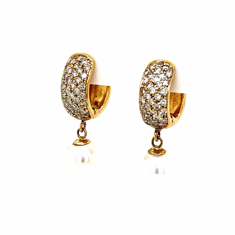 Yellow 14 Karat Diamond and Pearl Dangle Earrings With 60=0.68Tw Round Brilliant G Vs Diamonds And 2=7.50Tw Cultured Pearls