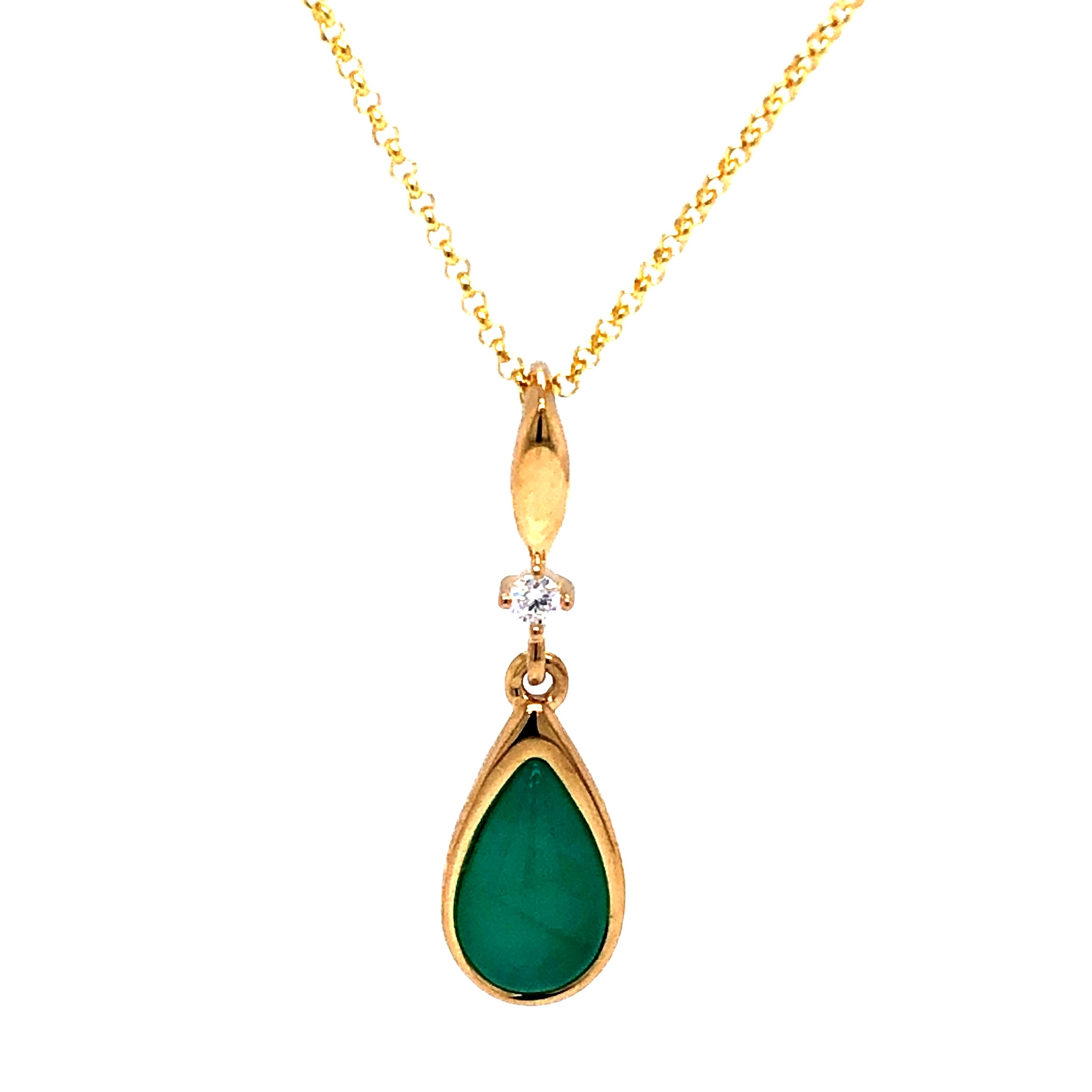 14 Karat Yellow Gold Pendant with One Round Brilliant Diamond and Once Pear Shaped Chrysoprase Inlay.