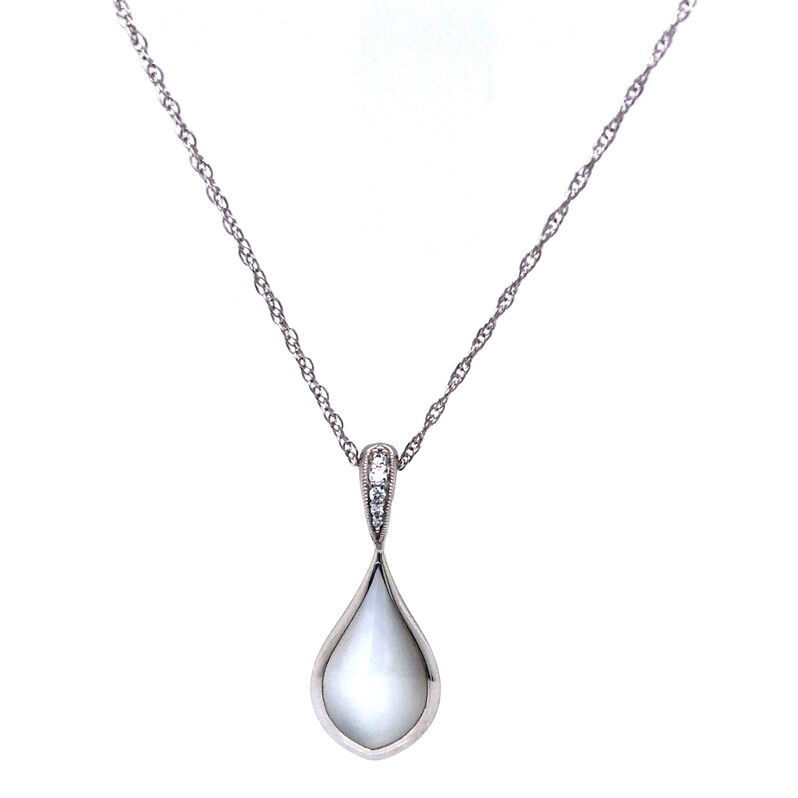 14 Karat White Gold Pendant with Five Round Brilliant Diamonds and One Pear Shaped Mother of Pearl