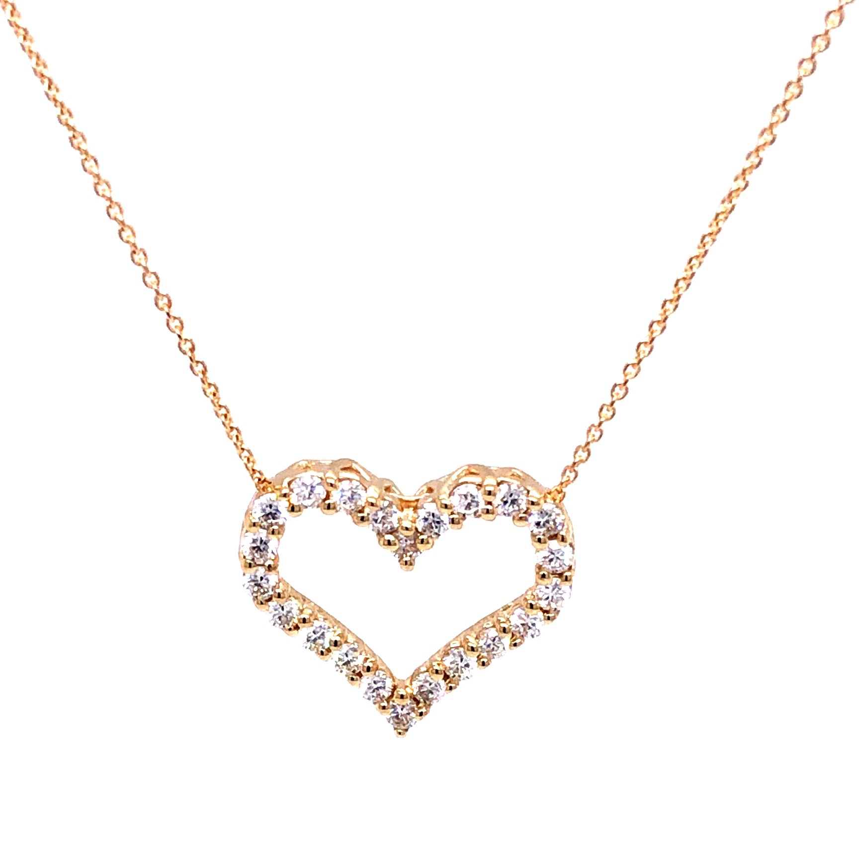 Lady s 14 karat yellow gold heart pendant with 22 round brilliant cut diamonds H color  VS in clarity on a 14 karat yellow gold cable chain with lobster clasp 18 inches in length.