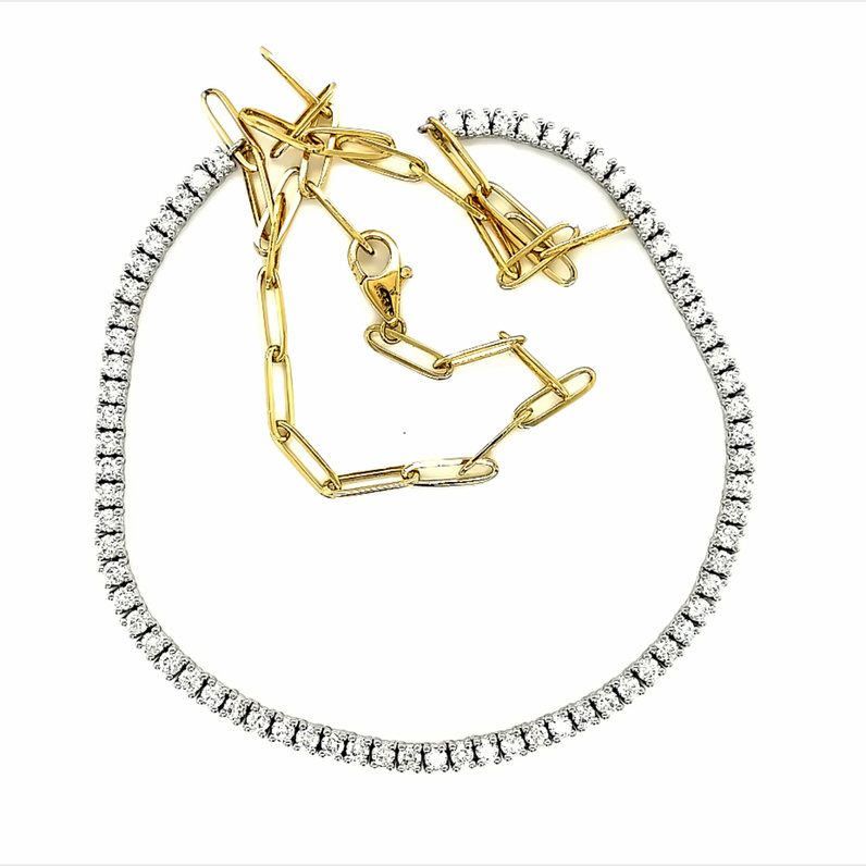 White 14 Karat Riviera Necklace With 70=3.35Tw Round Brilliant G Vs Diamonds on Yellow 14 Karat Paperclip Chain