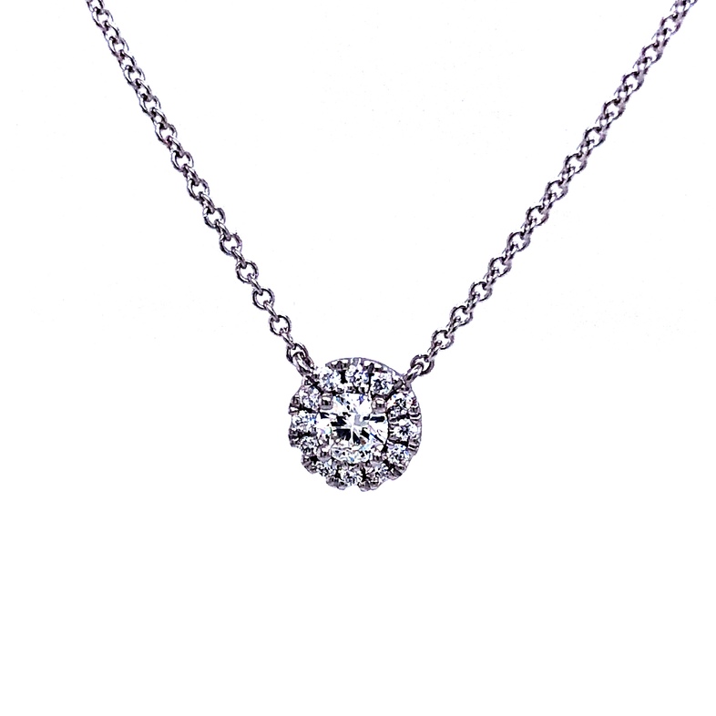 Lady s White 14 Karat Necklace Length 18 With 13=0.35TW Round Brilliant G VS Diamonds