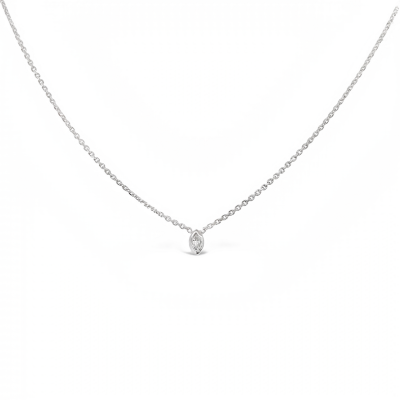 White 14 Karat Solitaire Necklace With One 0.03Ct Marquise Diamond