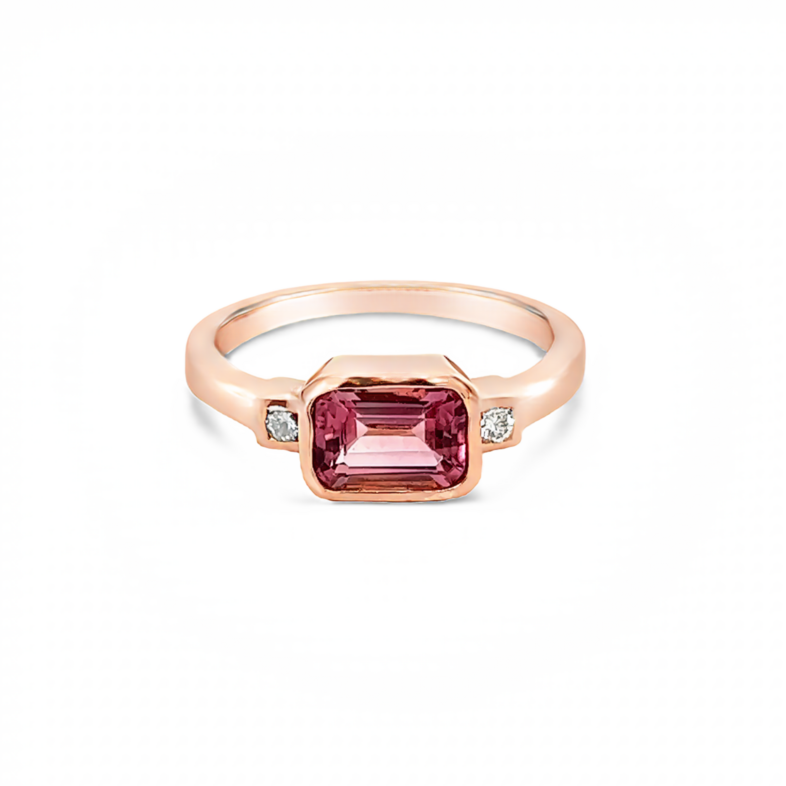 Rose 14 Karat Geometric Fashion Ring With 2=0.06Tw Round Brilliant G Vs Diamonds And One 1.00Ct Emerald Sapphire