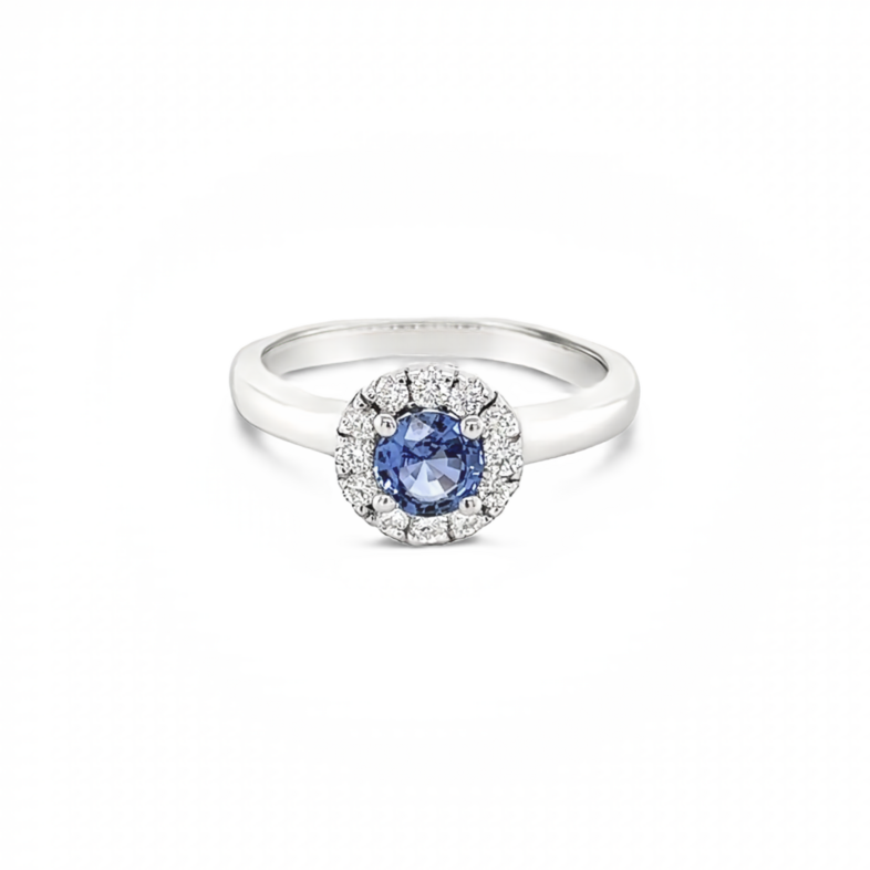 Lady s White 14 Karat Halo Fashion Ring With 12=0.25Tw Round Brilliant G Vs Diamonds And One 0.60Ct Round Sapphire