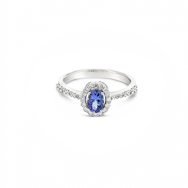 White 14 Karat Halo Fashion Ring With 30=0.35Tw Round Brilliant G Vs Diamonds And One 0.50Ct Oval Tanzanite