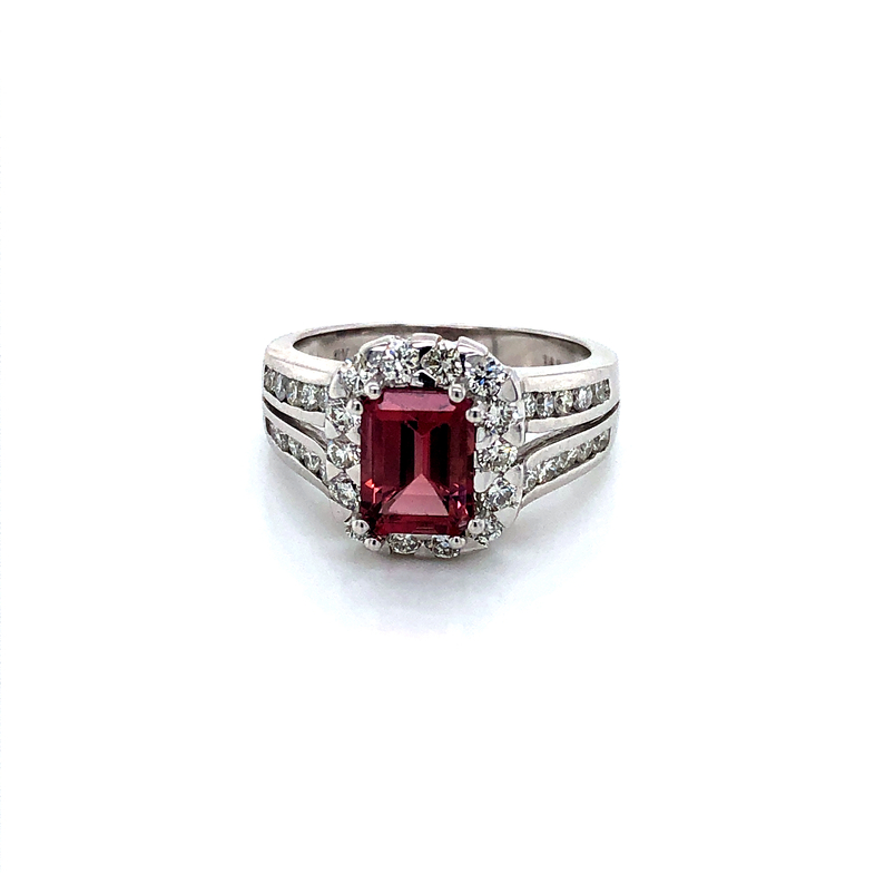 Lady s 14 Karat White Gold Ring With One 1.65Ct Emerald Cut Pink Tourmaline And 34=0.90Tw Round Brilliant G Vs Diamonds