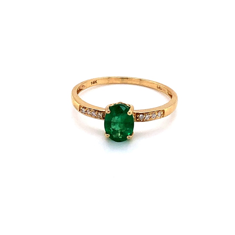 14K Yellow Gold 7X5MM Oval Emerald and Diamond Ring