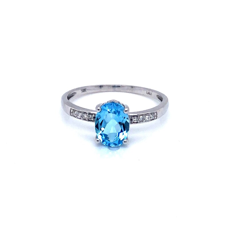 Lady s White 14 Karat Fashion Ring With One 8.00X6.00MM Oval Blue Topaz  8=0.03TW Round Brilliant G SI Diamonds