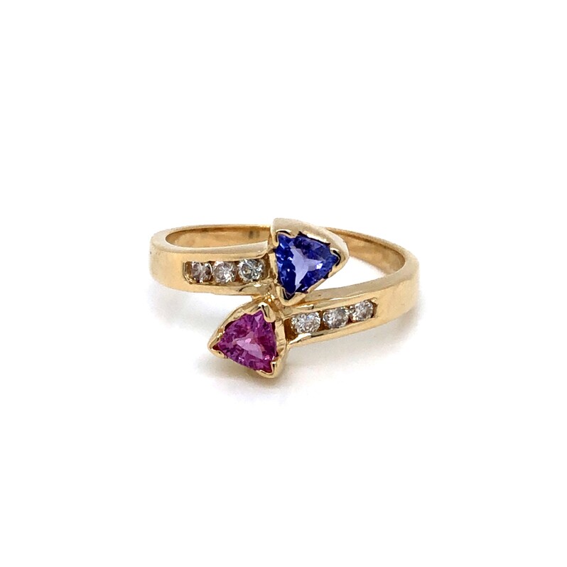Lady s Yellow 14 Karat Ring With One 4.50MM Trillion Pink Sapphire  One 4.50MM Trillion Tanzanite And .6=20 TW G VS Diamonds.