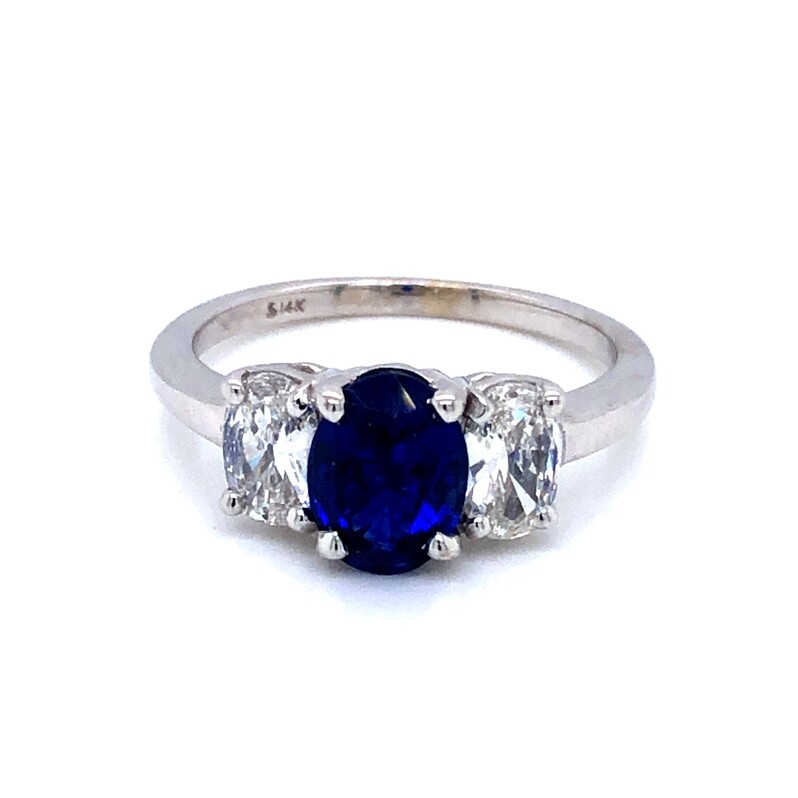 Lady s White 14 Karat Ring With One Oval Sapphire And 2=0.90Tw Oval H VS Diamonds