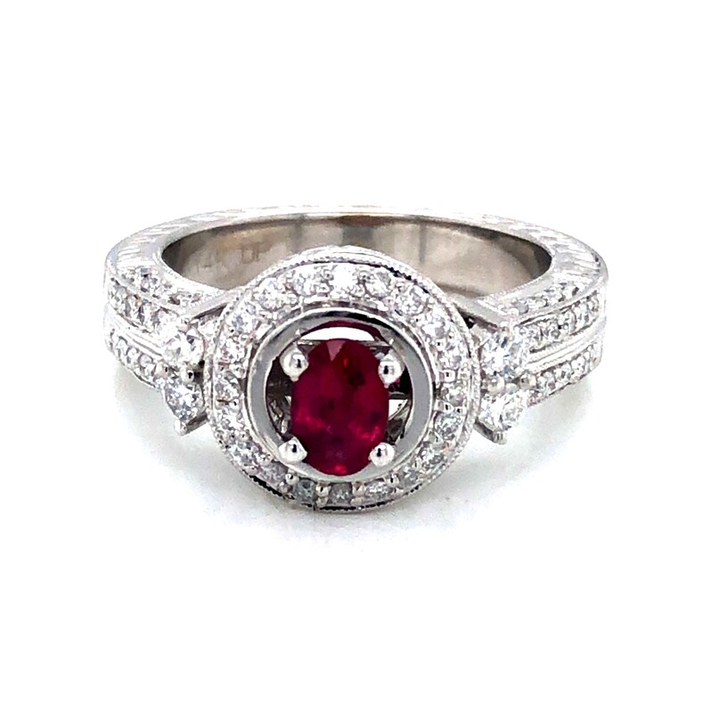 Lady s White 14 Karat Fashion Ring With One 6.00X4.00Mm Oval Ruby And 60=1.00Tw Round Brilliant G Si Diamonds  dwt: 4.61