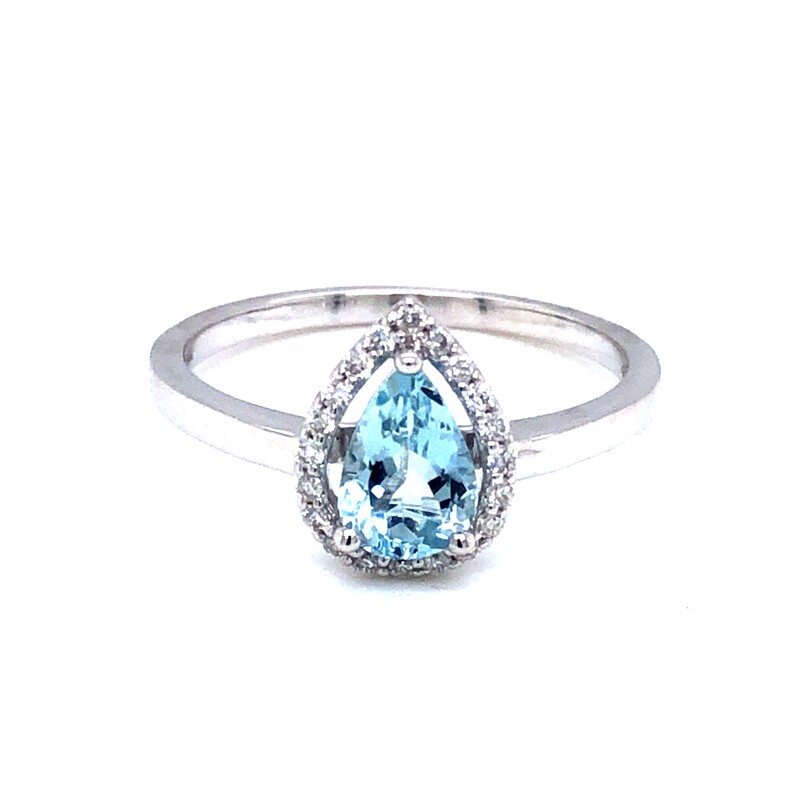 14 Karat White Gold Halo Ring With 20=0.12TW Round Brilliant G SI Diamonds And One 0.65CT Pear Aqua