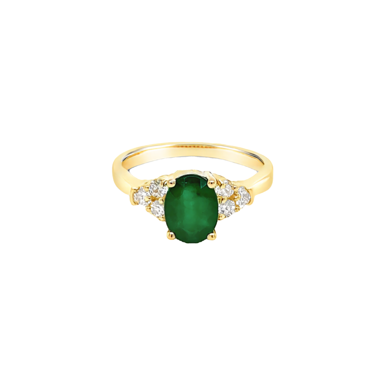 Yellow 14 Karat Ring with One 1.10ct Oval Emerald and  6=0.32tw Round Brilliant G SI Diamonds