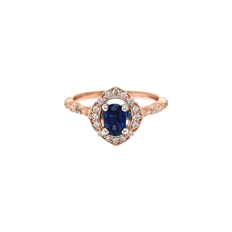 Rose 14 Karat Ring With  One 6.00x4.00mm Fine quality Oval Sapphire And   32=0.50tw Round Brilliant G VS Diamonds