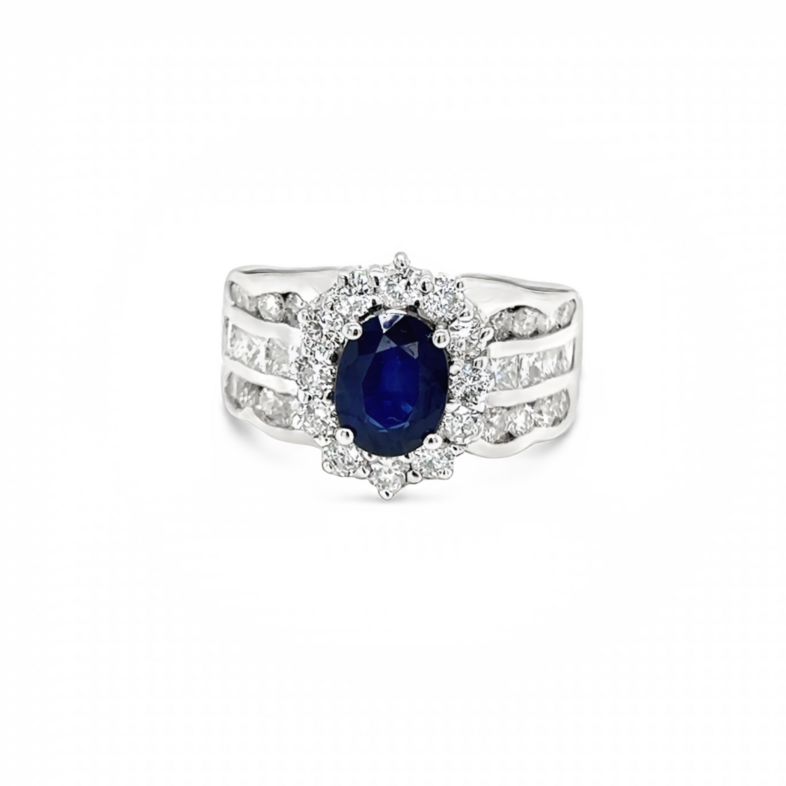 White 14 Karat Shared Prong Fashion Ring With 36=1.72Tw Various Shapes G VS Diamonds And One 1.50Ct Oval Sapphire