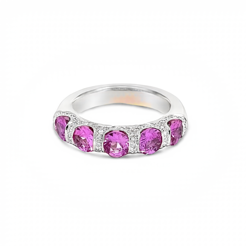 White 18K  Ring With 5=2.00Tw Round Pink Sapphires And 60=0.33Tw Round Brilliant G SI Diamonds.