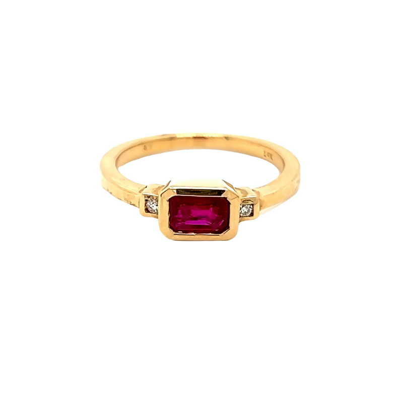 Lady s Yellow 14 Karat 3 Stone Fashion Ring With 2=0.03Tw Round Brilliant G Vs Diamonds And One 0.70Ct Emerald Ruby