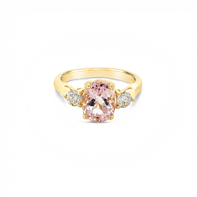 Lady s Yellow 14 Karat 3 Stone Fashion Ring With 2=0.30Tw Round Brilliant G Vs Diamonds And One 1.70Ct Oval Morganite