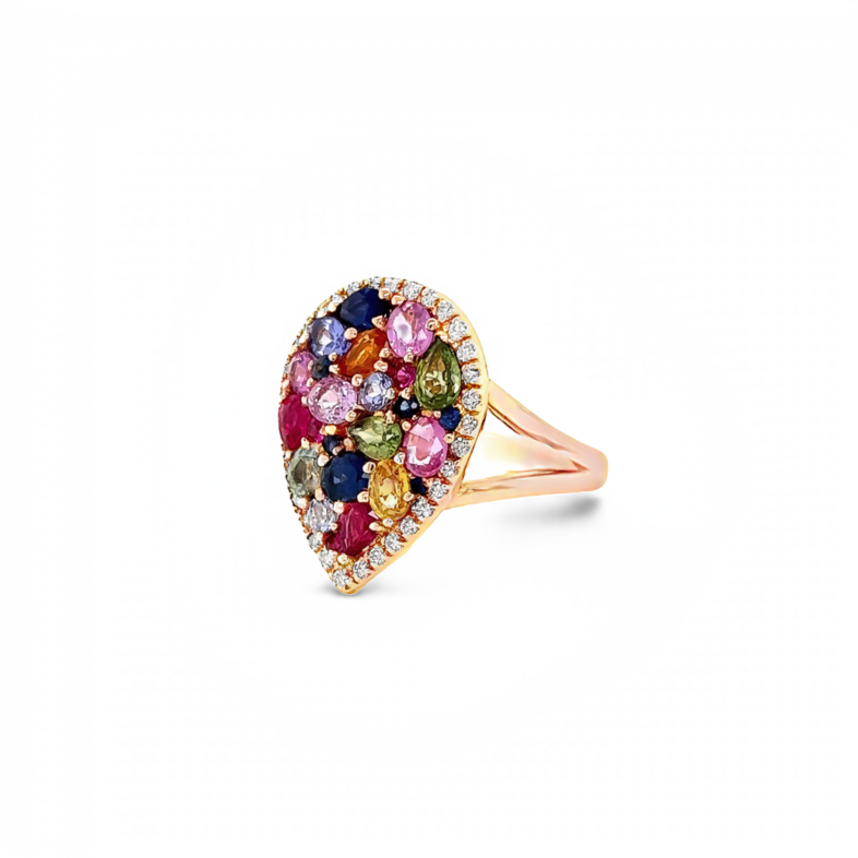 Rose 14 Karat Cluster Fashion Ring With 33=0.25Tw Round Brilliant G Vs Diamonds And 21=3.30Tw Various Shapes Sapphires
