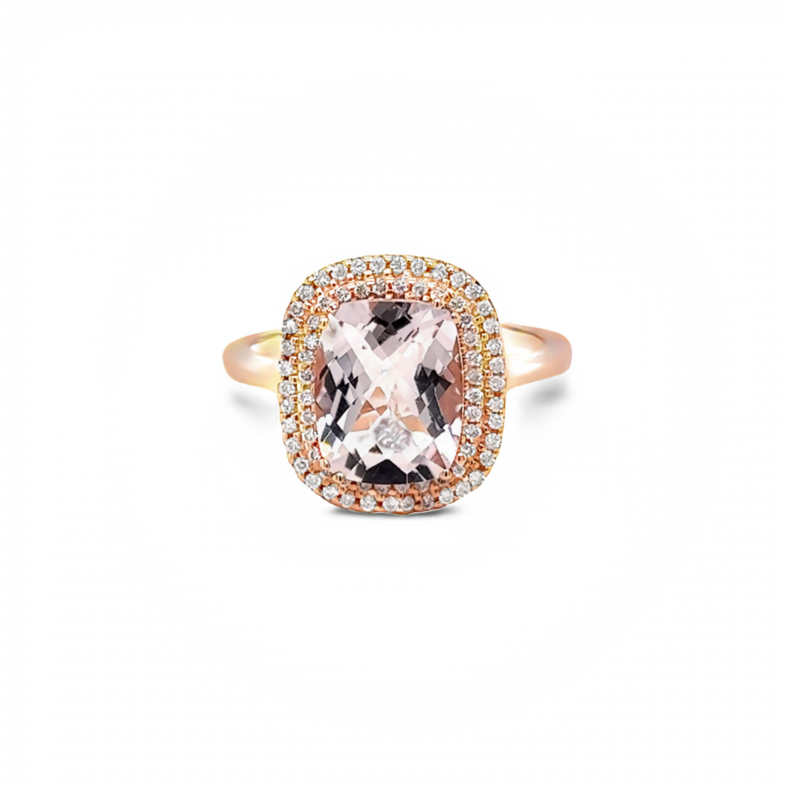 Rose 14 Karat Halo Fashion Ring With One 3.50Ct Cushion Morganite And 70=0.20Tw Round Brilliant G Vs Diamonds