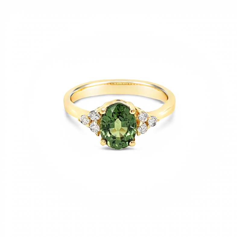 Yellow 14 Karat Ring With One 1.50Ct Oval Green Sapphire And 6=0.13Tw Round Brilliant G VS Diamonds
