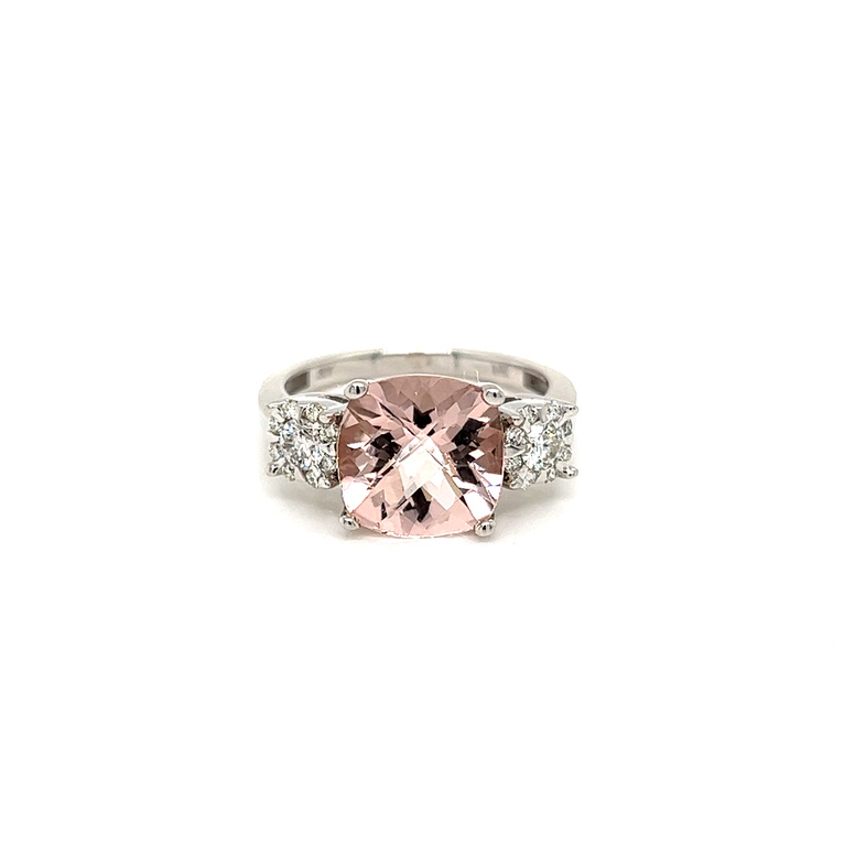 White 14 Karat 3 Stone Fashion Ring With One 5.00Ct Cushion Morganite And 2=0.36Tw Round Brilliant G Vs Diamonds