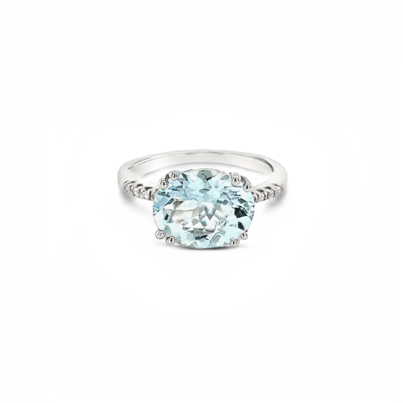 White 14 Karat Fashion Ring With 8=0.04Tw Round Brilliant G Vs Diamonds And One 3.00Ct Oval Aquamarine
