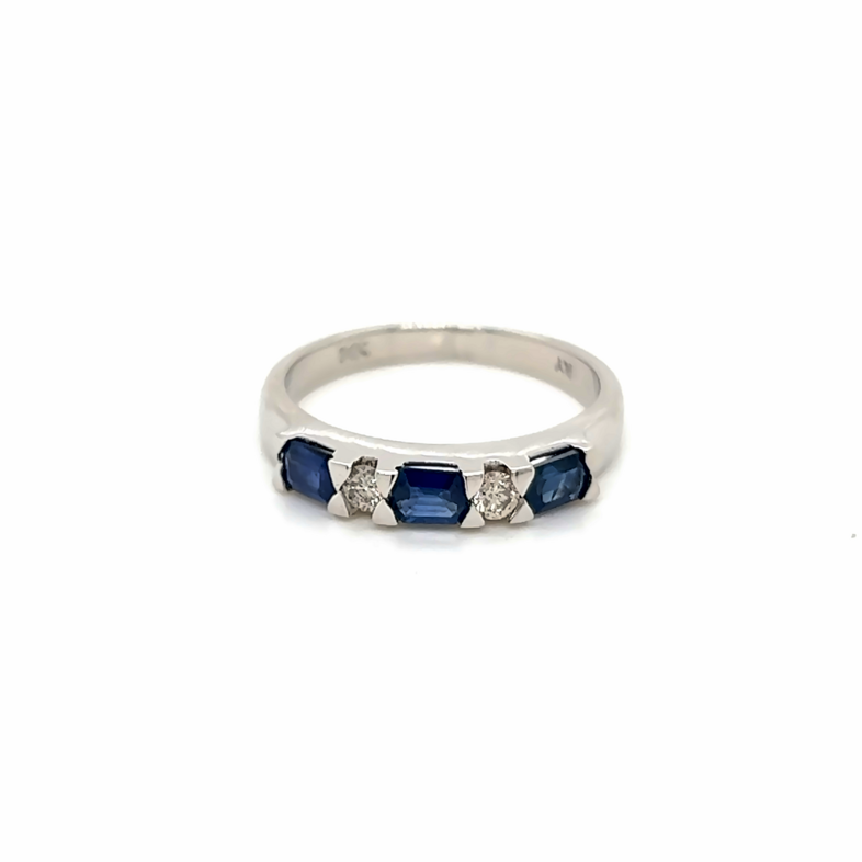 Lady s White 14 Karat 5 Stone Fashion Ring With 2=0.14Tw Round Brilliant G Vs Diamonds And 3=1.05Tw Emerald Sapphires