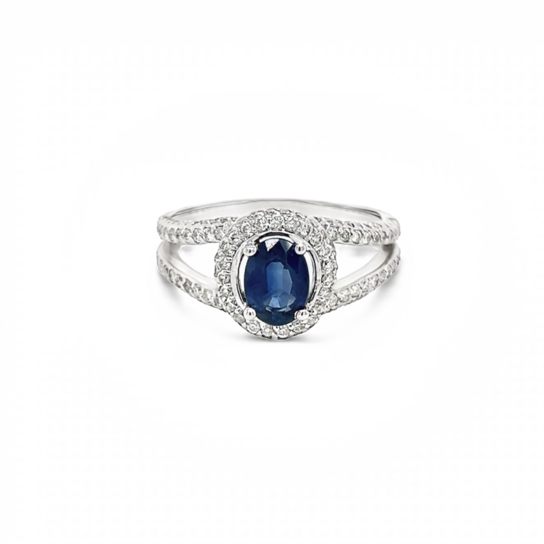 Lady s White 14 Karat Halo Fashion Ring one 1.00ct Oval Sapphire  146=0.76tw Round Brilliant G VS Diamonds