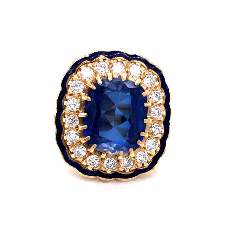 Lady s Yellow 14 Karat Ring With One Cushion Syn. Sapphire  18=0.60Tw Round Brilliant Cut G Vs Diamonds 6.22 dwt.