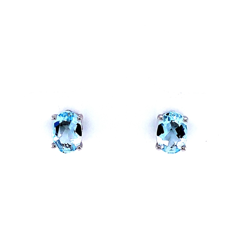 14 Karat White Gold Stud Earrings With 7X5MM  Oval Aquamarine Earrings