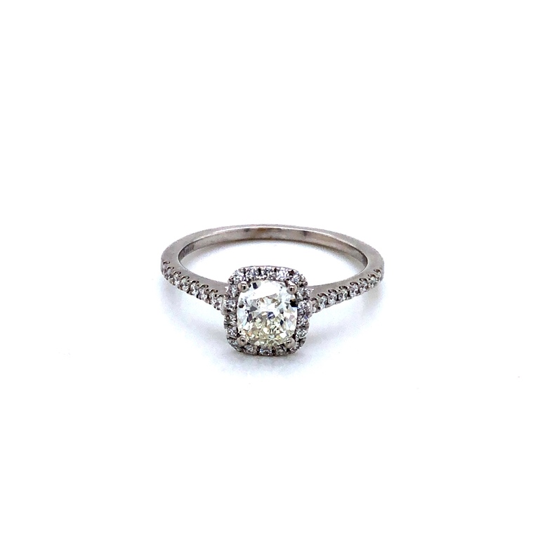 Lady s White 18 Karat Engagement Ring With One 0.80Ct Cushion J SI1 Diamond And 34=0.40Tw Round Brilliant G VS Diamonds