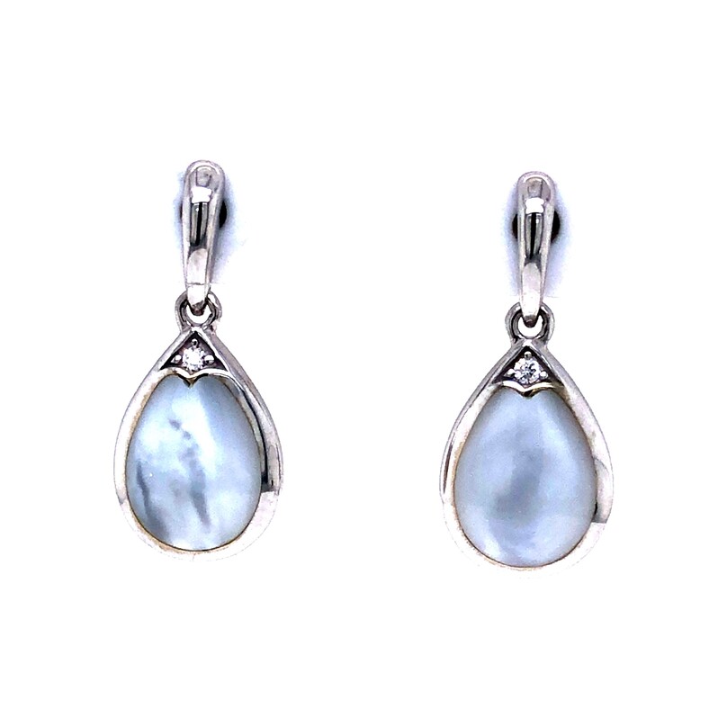 Lady s White 14K Drop Earrings With 2= Pear white Mother Of Pearl inlay stones And 2=0.02ctw Round Brilliant G  VS Diamonds  dwt: 2.6