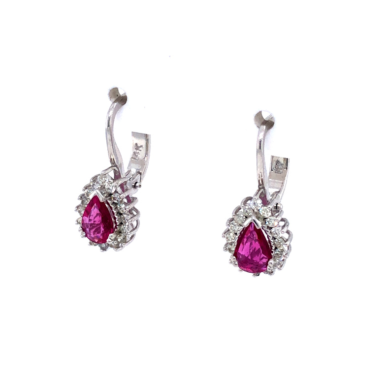 14 Karat White Gold Halo Earrings With 34=0.28TW Round Brilliant G SI Diamonds And 2=1.00TW Pear Rubies