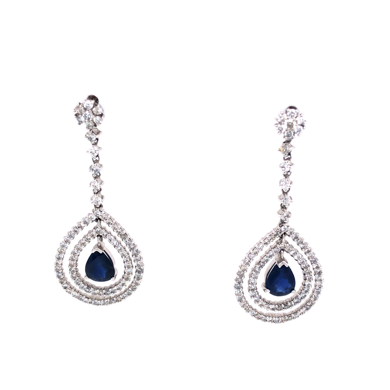 14 Karat White Gold Double Halo Earrings With 160=1.94TW Round Brilliant G SI Diamonds And 2=2.00TW Pear Sapphires