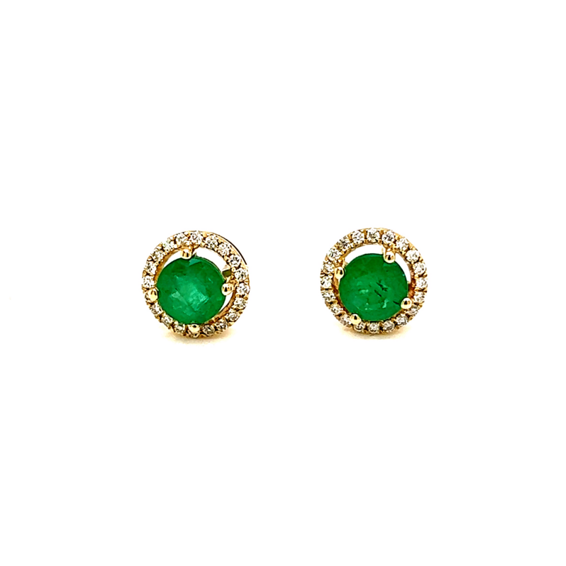 Lady s Yellow 14 Karat Halo Stud Earrings With 2=0.90Tw Round Emeralds And 40=0.15Tw Round Brilliant G Si Diamonds