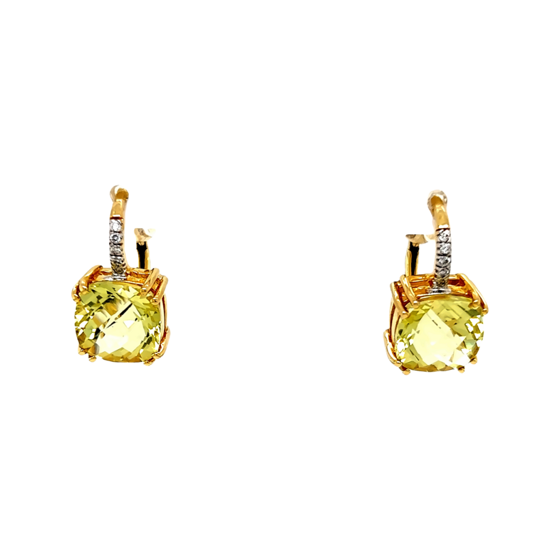 Yellow 14 Karat Dangle Earrings With 10=0.07Tw Round Brilliant G Vs Diamonds And 2=7.00Tw C Lemon Quartz